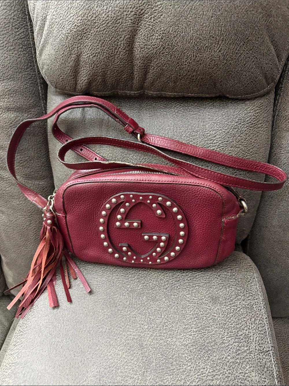 Gucci Berry Red Soho Studded Leather Crossbody Bag with Tassel - Picture 1 of 8